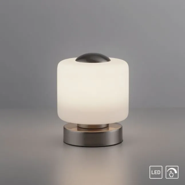 LED Tischleuchte silber farbig rund Touchdimmer zeitloses Design