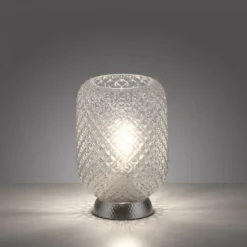 LED Tischleuchte silber Lichtspiel geriffelt Klarglas Schnurschalter