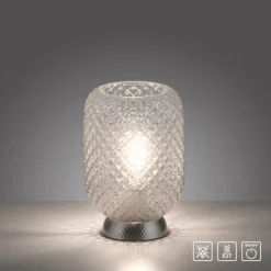 LED Tischleuchte silber Lichtspiel geriffelt Klarglas Schnurschalter