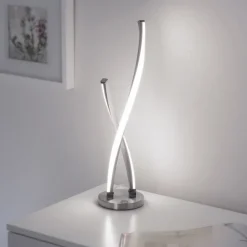 LED Tischleuchte, stahlfarben, geschwungenes Design, dimmbar