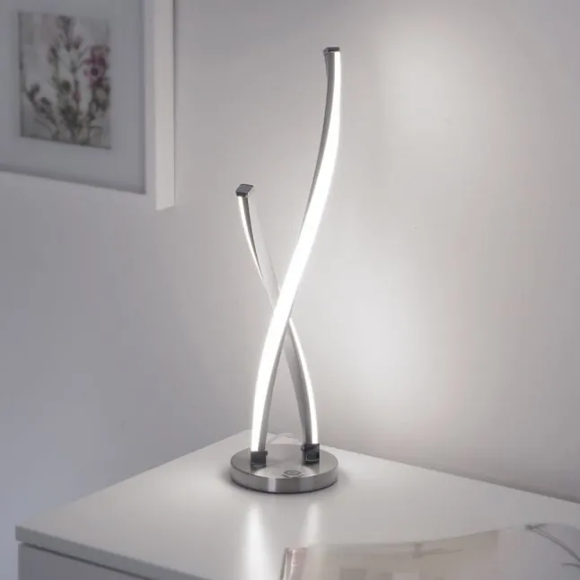 LED Tischleuchte, stahlfarben, geschwungenes Design, dimmbar