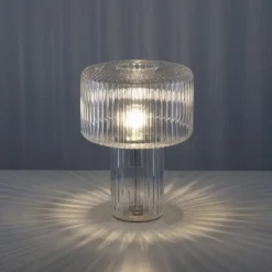 LED Tischleuchte transparent Pilzform Glas Ø25cm Schalter
