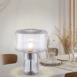 LED Tischleuchte transparent Pilzform Glas Ø25cm Schalter