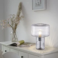 LED Tischleuchte transparent Pilzform Glas Ø25cm Schalter