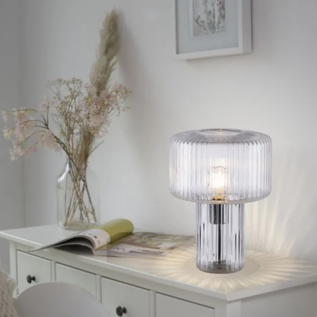 LED Tischleuchte transparent Pilzform Glas Ø25cm Schalter