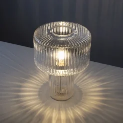 LED Tischleuchte transparent Pilzform Glas Ø25cm Schalter