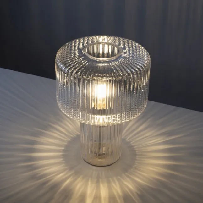 LED Tischleuchte transparent Pilzform Glas Ø25cm Schalter