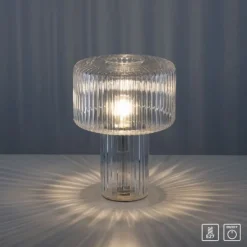 LED Tischleuchte transparent Pilzform Glas Ø25cm Schalter