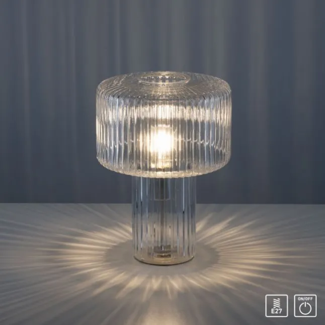 LED Tischleuchte transparent Pilzform Glas Ø25cm Schalter