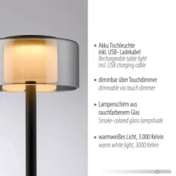 LED Tischleuchte USB schwarz Akku Touchdimmer Memoryfunktion