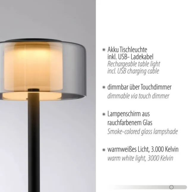 LED Tischleuchte USB schwarz Akku Touchdimmer Memoryfunktion