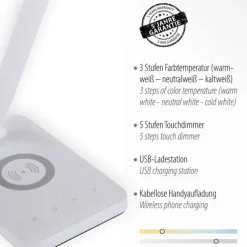LED Tischleuchte, weiss, kabellose QI-Ladefunktion, Touchdimmer, CCT