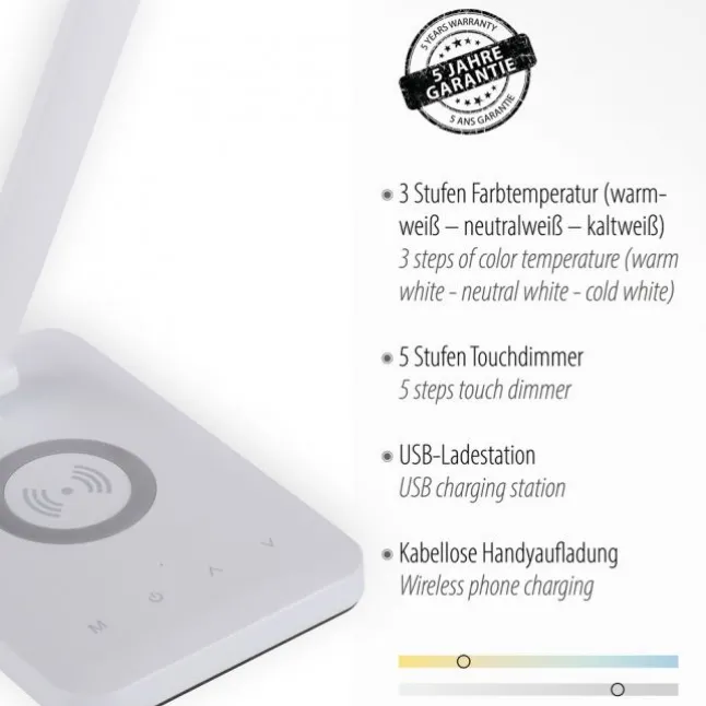 LED Tischleuchte, weiss, kabellose QI-Ladefunktion, Touchdimmer, CCT