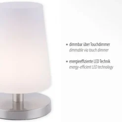 LED-Tischleuchte, weiß-stahl, mit dezentem Lampenschirm, inkl. Touchdimmer