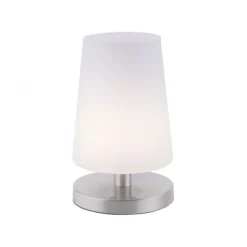 LED-Tischleuchte, weiß-stahl, mit dezentem Lampenschirm, inkl. Touchdimmer