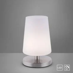 LED-Tischleuchte, weiß-stahl, mit dezentem Lampenschirm, inkl. Touchdimmer