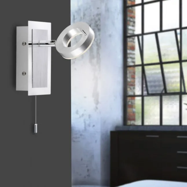LED-Wandleuchte, aluminium-matt, IP44, Zugschalter, dreh und schwenkbar