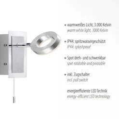 LED-Wandleuchte, aluminium-matt, IP44, Zugschalter, dreh und schwenkbar