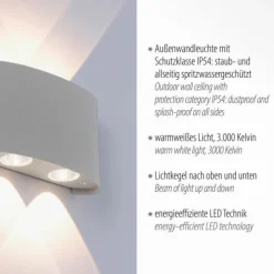 LED-Wandleuchte, Außenleuchte, silber, halbrund, 4flg, warmweiß, Up+Down, IP54