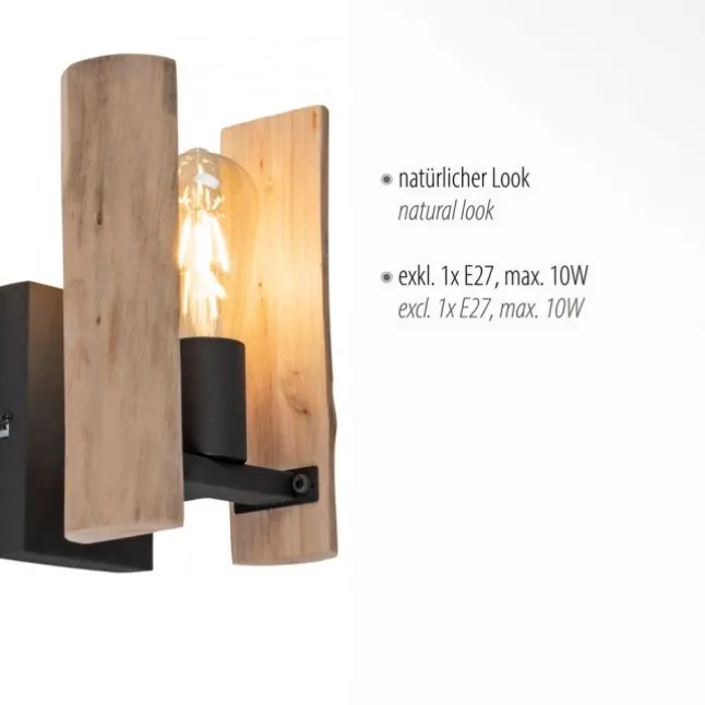 LED Wandleuchte Naturholz rustikal mattschwarz 1 flammige Flur Wohnzimmer