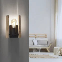 LED Wandleuchte Naturholz rustikal mattschwarz 1 flammige Flur Wohnzimmer