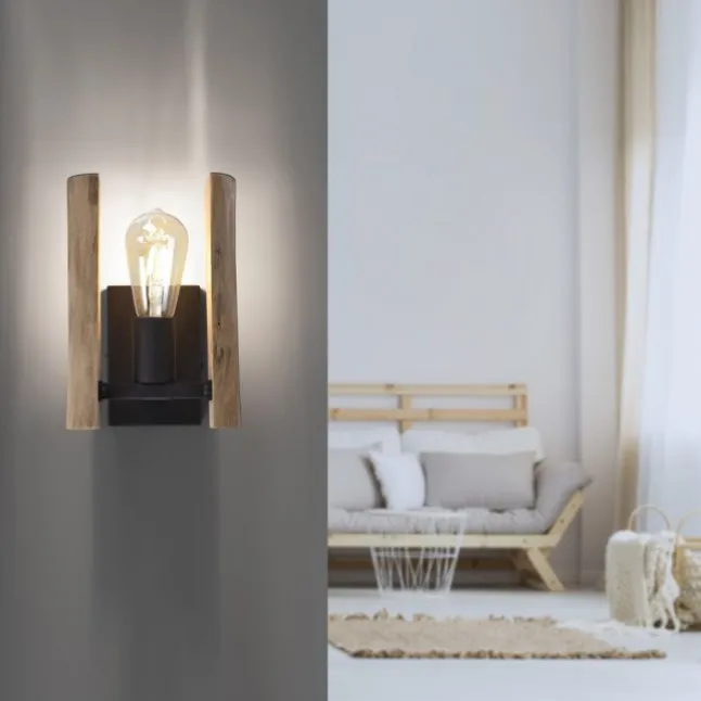 LED Wandleuchte Naturholz rustikal mattschwarz 1 flammige Flur Wohnzimmer