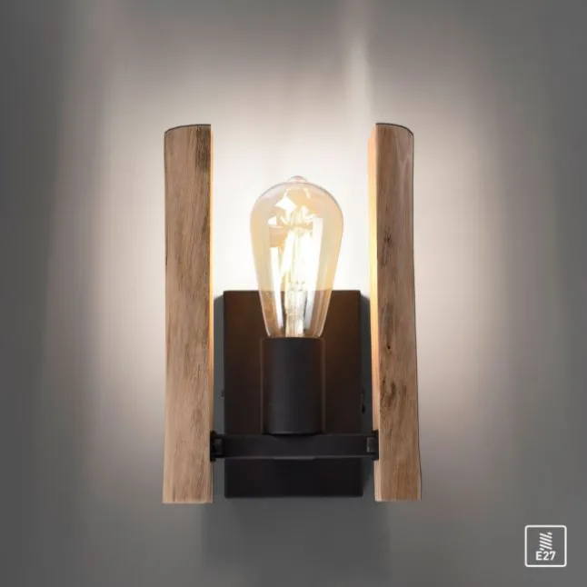 LED Wandleuchte Naturholz rustikal mattschwarz 1 flammige Flur Wohnzimmer