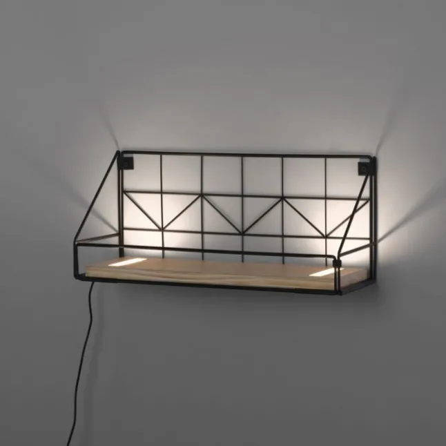 LED Wandleuchte Regal 46x16x20cm schwarz Boden aus Holz warmweiß Schalter