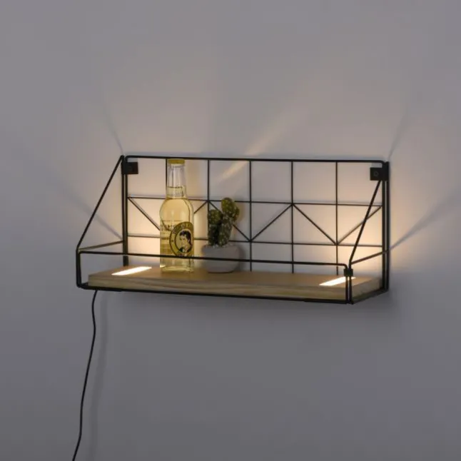 LED Wandleuchte Regal 46x16x20cm schwarz Boden aus Holz warmweiß Schalter