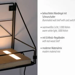 LED Wandleuchte Regal 31x16,5x20cm schwarz Boden aus Holz warmweiß Schalter