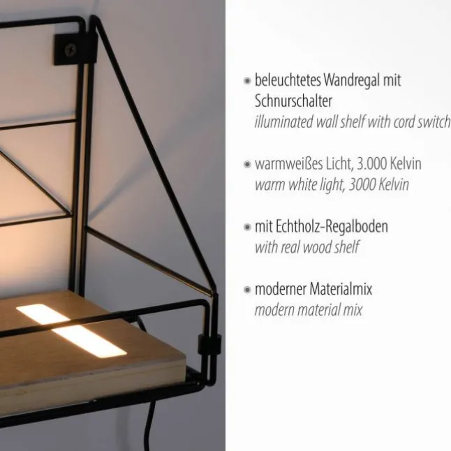 LED Wandleuchte Regal 31x16,5x20cm schwarz Boden aus Holz warmweiß Schalter