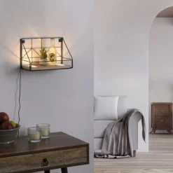LED Wandleuchte Regal 31x16,5x20cm schwarz Boden aus Holz warmweiß Schalter