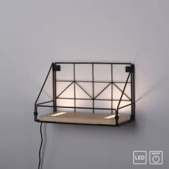 LED Wandleuchte Regal 31x16,5x20cm schwarz Boden aus Holz warmweiß Schalter