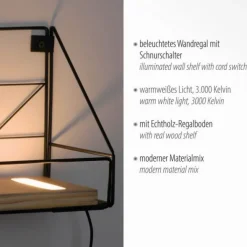 LED Wandleuchte Regal 31x16,5x20cm schwarz Boden aus Holz warmweiß Schalter