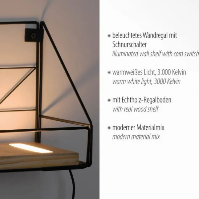 LED Wandleuchte Regal 31x16,5x20cm schwarz Boden aus Holz warmweiß Schalter