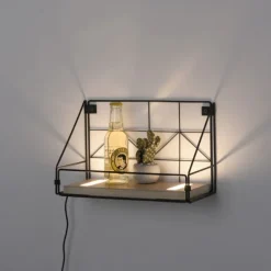 LED Wandleuchte Regal 31x16,5x20cm schwarz Boden aus Holz warmweiß Schalter