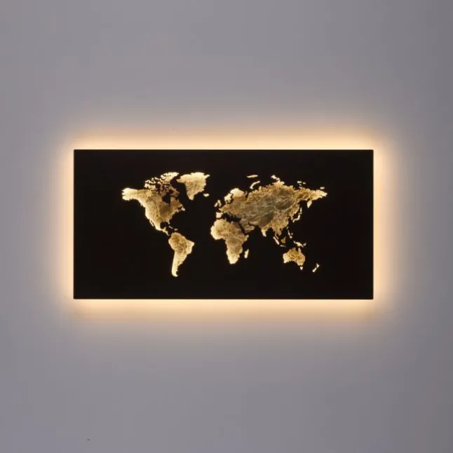 LED Wandleuchte rost Weltkarte beleuchtet goldfarbig wamweiß Wandbild