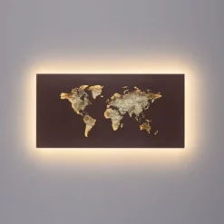 LED Wandleuchte rost Weltkarte beleuchtet goldfarbig wamweiß Wandbild