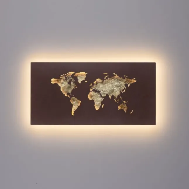 LED Wandleuchte rost Weltkarte beleuchtet goldfarbig wamweiß Wandbild