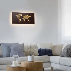 LED Wandleuchte rost Weltkarte beleuchtet goldfarbig wamweiß Wandbild