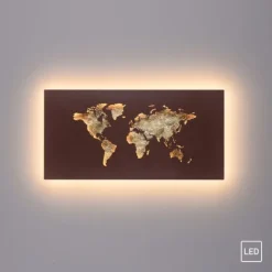 LED Wandleuchte rost Weltkarte beleuchtet goldfarbig wamweiß Wandbild