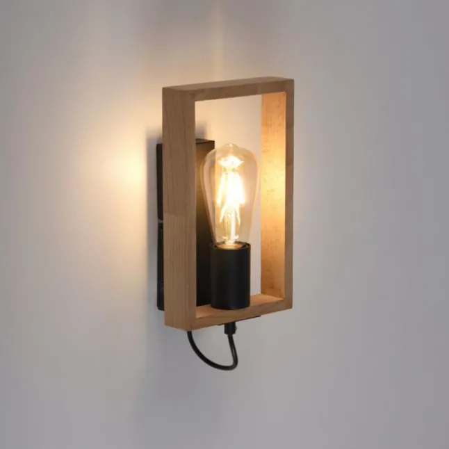 LED Wandleuchte, schwarz, Holzrahmen, Wippschalter, Metall, 1 flammige Wandlampe