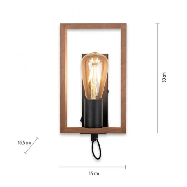 LED Wandleuchte, schwarz, Holzrahmen, Wippschalter, Metall, 1 flammige Wandlampe