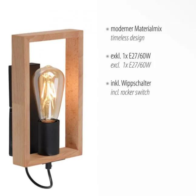 LED Wandleuchte, schwarz, Holzrahmen, Wippschalter, Metall, 1 flammige Wandlampe