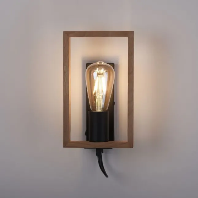 LED Wandleuchte, schwarz, Holzrahmen, Wippschalter, Metall, 1 flammige Wandlampe