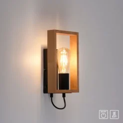 LED Wandleuchte, schwarz, Holzrahmen, Wippschalter, Metall, 1 flammige Wandlampe