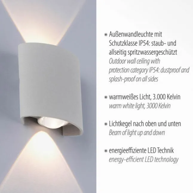 LED-Wandleuchte, silberfarben, halbrunder Form, Up+Down, Lichtkegel