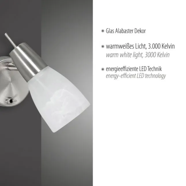 LED-Wandleuchte, Stahl, Kippschalter, Alabasterglas, dreh und schwenkbar