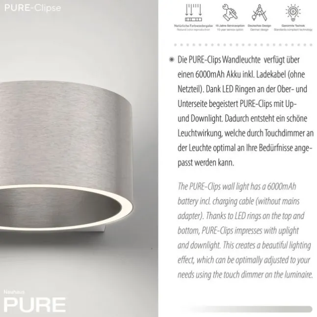 Paul Neuhaus Akku Wandleuchte PURE Clipse diamond (alu)