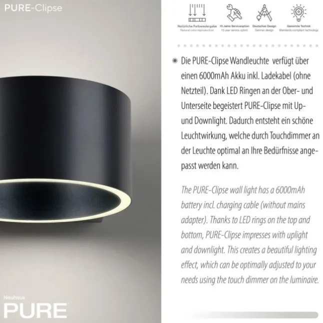 Paul Neuhaus Akku Wandleuchte PURE Clipse mystic grey